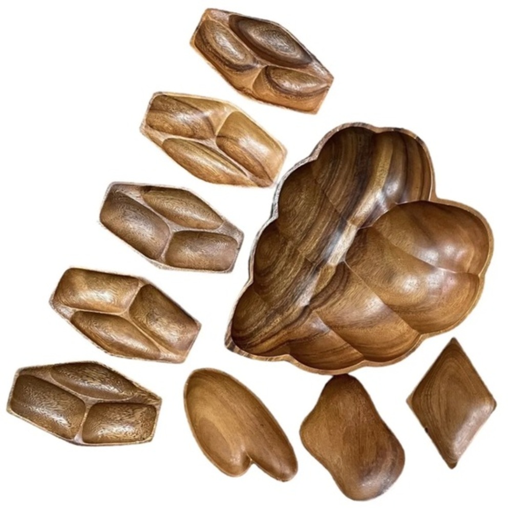 Vintage 9 Piece Large Monkey Pod Leaf Serving Bowl Set Hand Carved‎ Wood EUC MCM